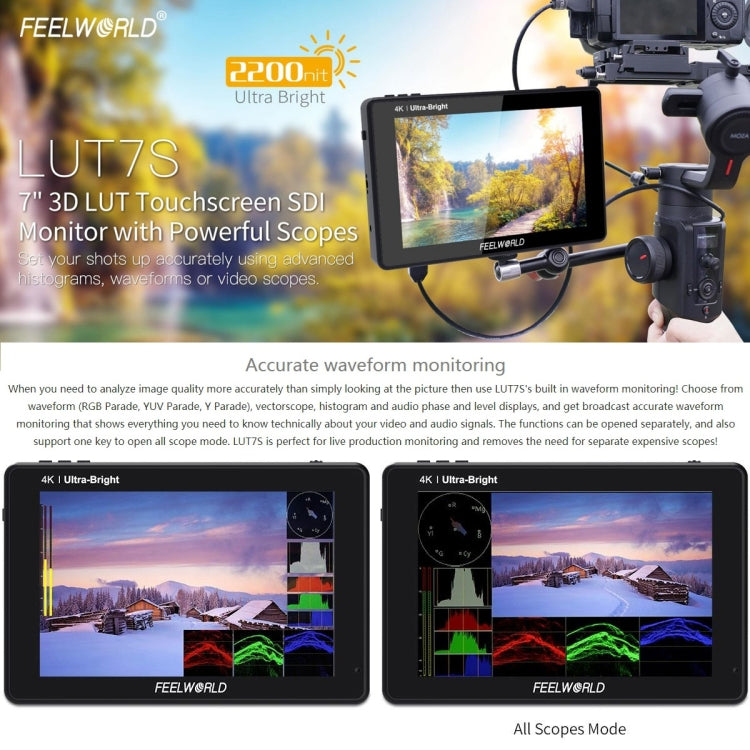FEELWORLD LUT7S 1920x1200 2200 nits 7 inch IPS Screen HDMI 4K Touch Screen Camera Field Monitor