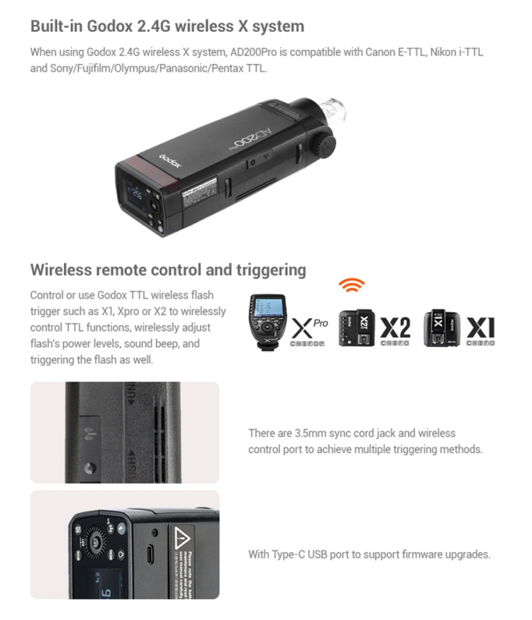 Godox AD200 Pro Pocket Flash Light TTL HSS 2.4G Wireless X System Outdoor Flash Speedlight