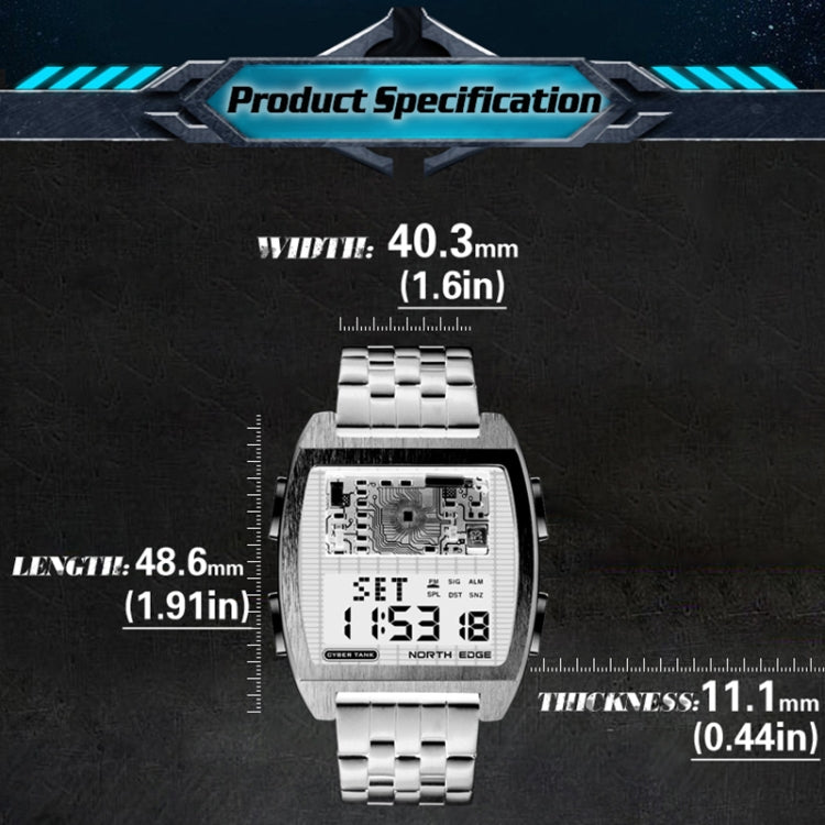NORTH EDGE CyberTank Stainless Steel Strap Multifunctional Electronic Watch, CyberTank