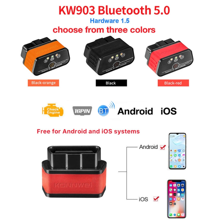 KONNWEI KW903 Bluetooth 5.0 OBD2 Car Fault Diagnostic Scan Tools Support IOS / Android, KW903