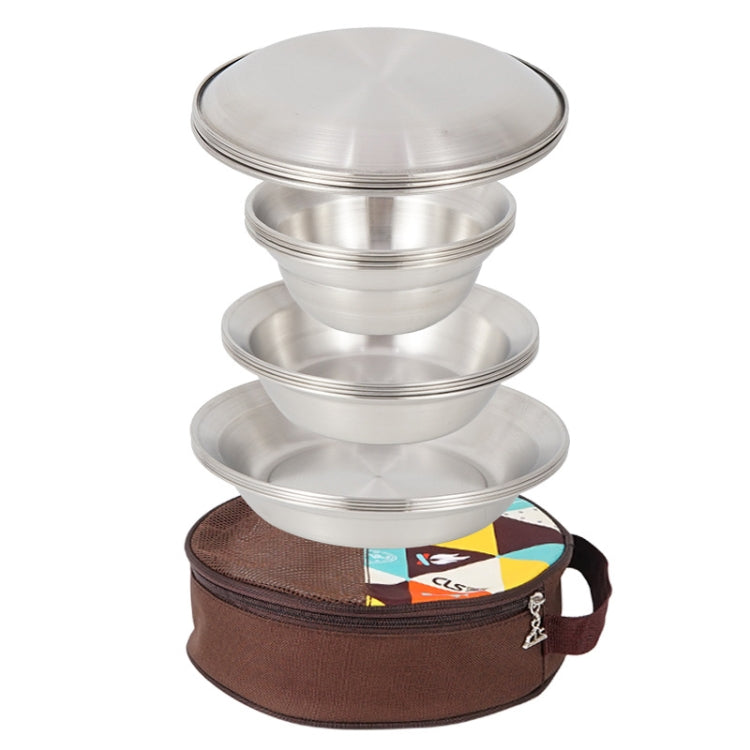 CLS Outdoor Stainless Steel Tableware Portable Camping Dinner Bowl Plate Kit, 16 PCS / Set