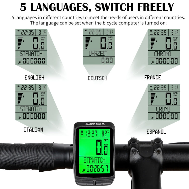 WEST BIKING 5 Languages Bicycle Waterproof Backlight Multifunction Wireless Odometer Speedometer, 5 Languages