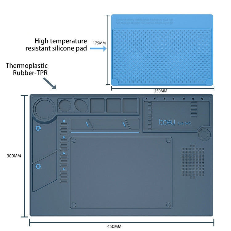 BAKU BA-695 2 in 1 TPR+Silicone Computer Phone Repair Desk Mat Heat Resistant Insulation Mat, BAKU BA-695