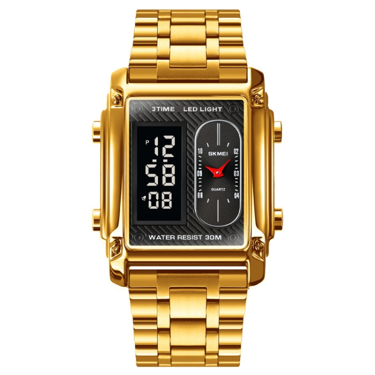 SKMEI 1868 Square Double Display Waterproof Men Watch, Style:, Steel Belt (Black), Leather Belt (Black), Steel Belt (Rose Gold), Leather Belt (Rose Gold), Steel Belt (Gold), Leather Belt (Gold), Steel Belt (Silver), Leather Belt (Silver)