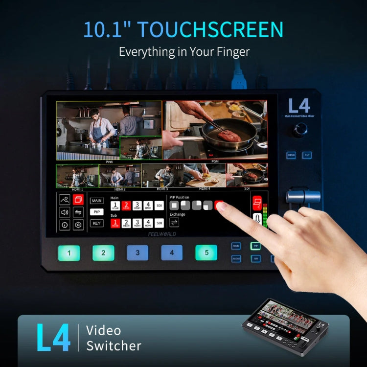 FEELWORLD L4 Multi-Camera Video Mixer Switcher 10.1" Touch Screen USB 3.0 Fast Streaming