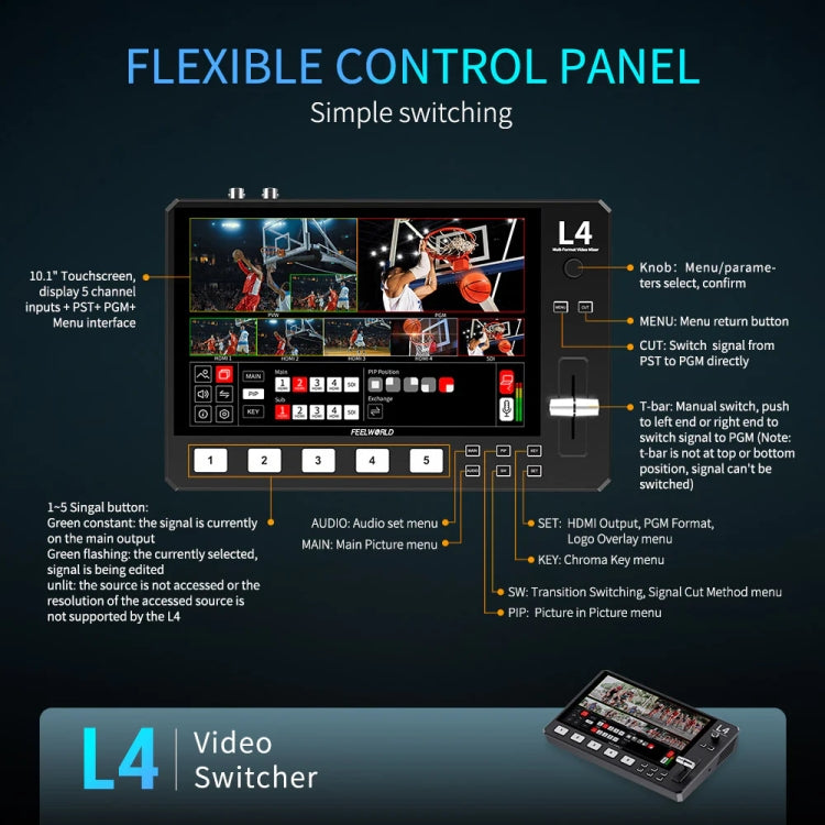 FEELWORLD L4 Multi-Camera Video Mixer Switcher 10.1" Touch Screen USB 3.0 Fast Streaming