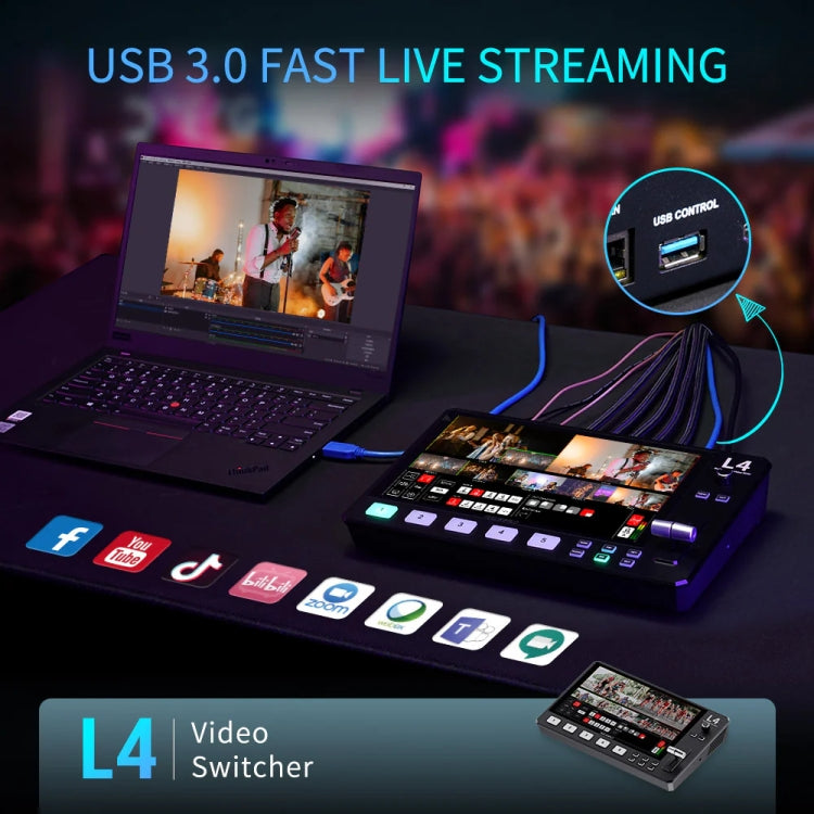 FEELWORLD L4 Multi-Camera Video Mixer Switcher 10.1" Touch Screen USB 3.0 Fast Streaming