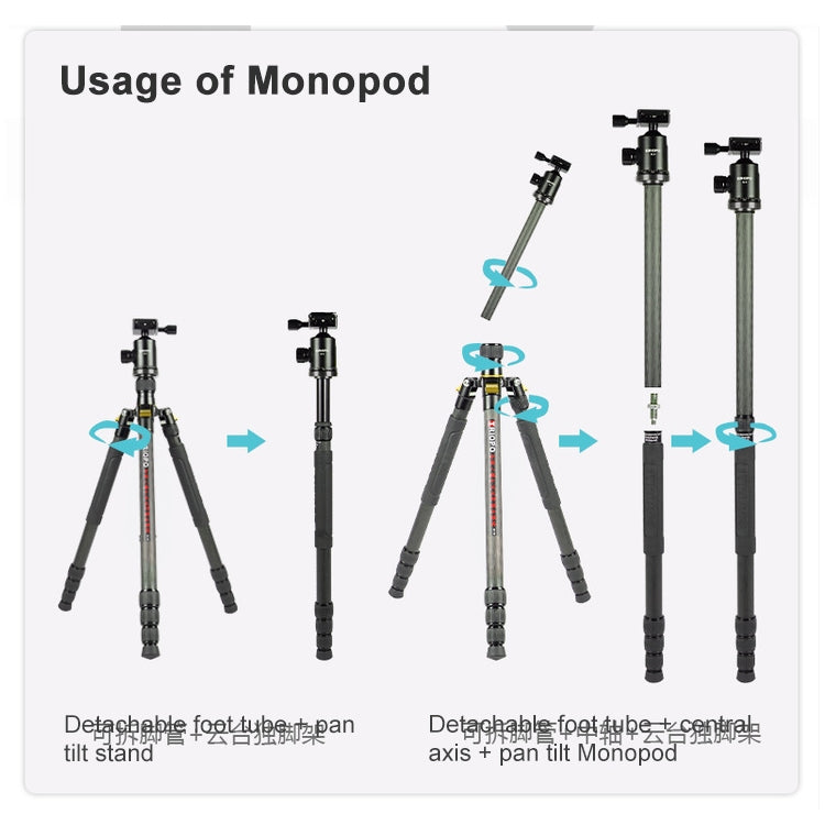 TRIOPO 853 Adjustable Portable Carbon Fiber Tripod with D2-A Ball Head for SLR Camera