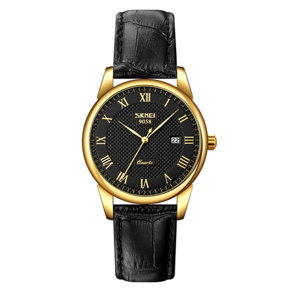 SKMEI 9058 Multifunctional Outdoor Fashion Waterproof Gold Shell Quartz Wrist Watch, Women Style Black Face Black Strap, Women Style Silver Face Brown Strap, Women Style Gold Face Brown Strap, Men Style Silver Face Brown Strap��������������������������...