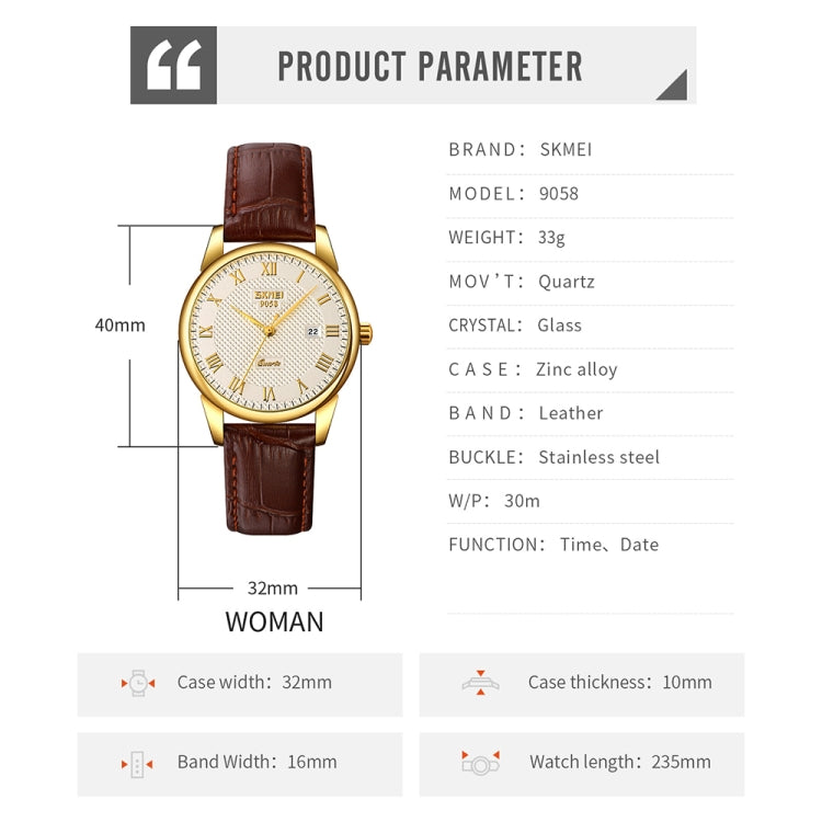 SKMEI 9058 Multifunctional Outdoor Fashion Waterproof Gold Shell Quartz Wrist Watch, Women Style Black Face Black Strap, Women Style Silver Face Brown Strap, Women Style Gold Face Brown Strap, Men Style Silver Face Brown Strap��������������������������...