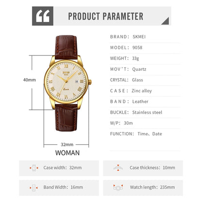 SKMEI 9058 Multifunctional Outdoor Fashion Waterproof Gold Shell Quartz Wrist Watch, Women Style Black Face Black Strap, Women Style Silver Face Brown Strap, Women Style Gold Face Brown Strap, Men Style Silver Face Brown Strap��������������������������...