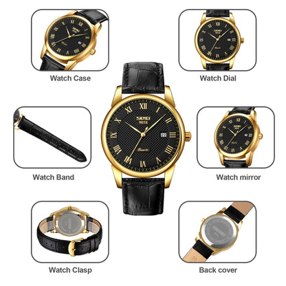 SKMEI 9058 Multifunctional Outdoor Fashion Waterproof Gold Shell Quartz Wrist Watch, Women Style Black Face Black Strap, Women Style Silver Face Brown Strap, Women Style Gold Face Brown Strap, Men Style Silver Face Brown Strap��������������������������...