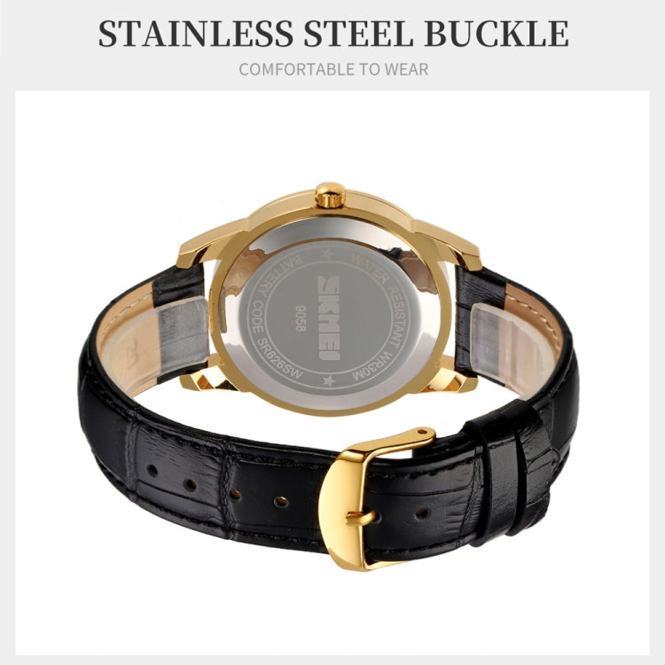 SKMEI 9058 Multifunctional Outdoor Fashion Waterproof Gold Shell Quartz Wrist Watch, Women Style Black Face Black Strap, Women Style Silver Face Brown Strap, Women Style Gold Face Brown Strap, Men Style Silver Face Brown Strap��������������������������...