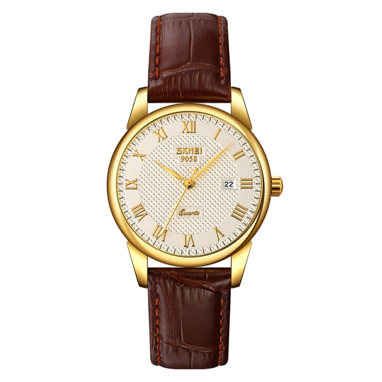 SKMEI 9058 Multifunctional Outdoor Fashion Waterproof Gold Shell Quartz Wrist Watch, Women Style Black Face Black Strap, Women Style Silver Face Brown Strap, Women Style Gold Face Brown Strap, Men Style Silver Face Brown Strap��������������������������...