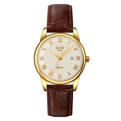SKMEI 9058 Multifunctional Outdoor Fashion Waterproof Gold Shell Quartz Wrist Watch, Women Style Black Face Black Strap, Women Style Silver Face Brown Strap, Women Style Gold Face Brown Strap, Men Style Silver Face Brown Strap��������������������������...