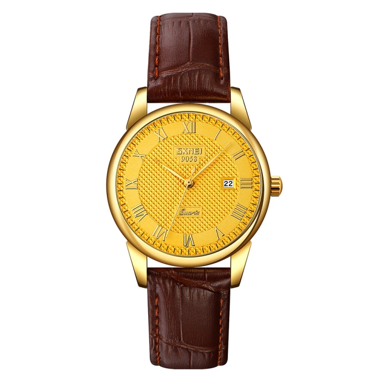 SKMEI 9058 Multifunctional Outdoor Fashion Waterproof Gold Shell Quartz Wrist Watch, Women Style Black Face Black Strap, Women Style Silver Face Brown Strap, Women Style Gold Face Brown Strap, Men Style Silver Face Brown Strap��������������������������...