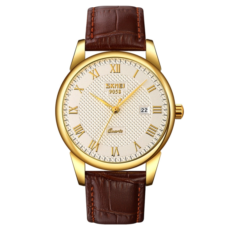 SKMEI 9058 Multifunctional Outdoor Fashion Waterproof Gold Shell Quartz Wrist Watch, Women Style Black Face Black Strap, Women Style Silver Face Brown Strap, Women Style Gold Face Brown Strap, Men Style Silver Face Brown Strap��������������������������...