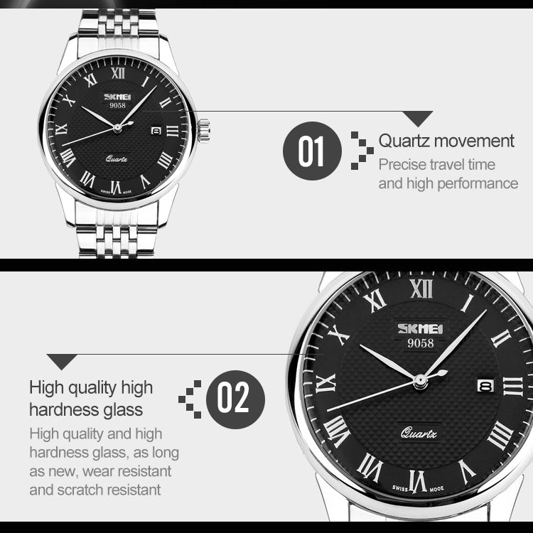 SKMEI 9058 Multifunctional Outdoor Fashion Waterproof Steel Strip Quartz Wrist Watch, Men Style Black, Men Style White, Men Style Blue, Women Style Black, Women Style White, Women Style Blue