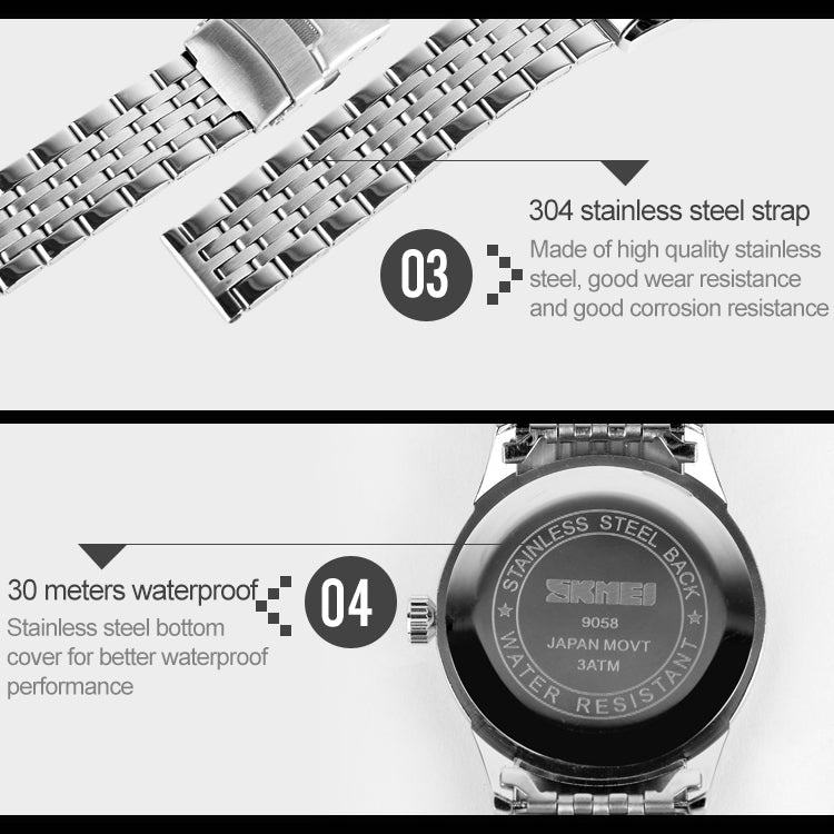 SKMEI 9058 Multifunctional Outdoor Fashion Waterproof Steel Strip Quartz Wrist Watch, Men Style Black, Men Style White, Men Style Blue, Women Style Black, Women Style White, Women Style Blue