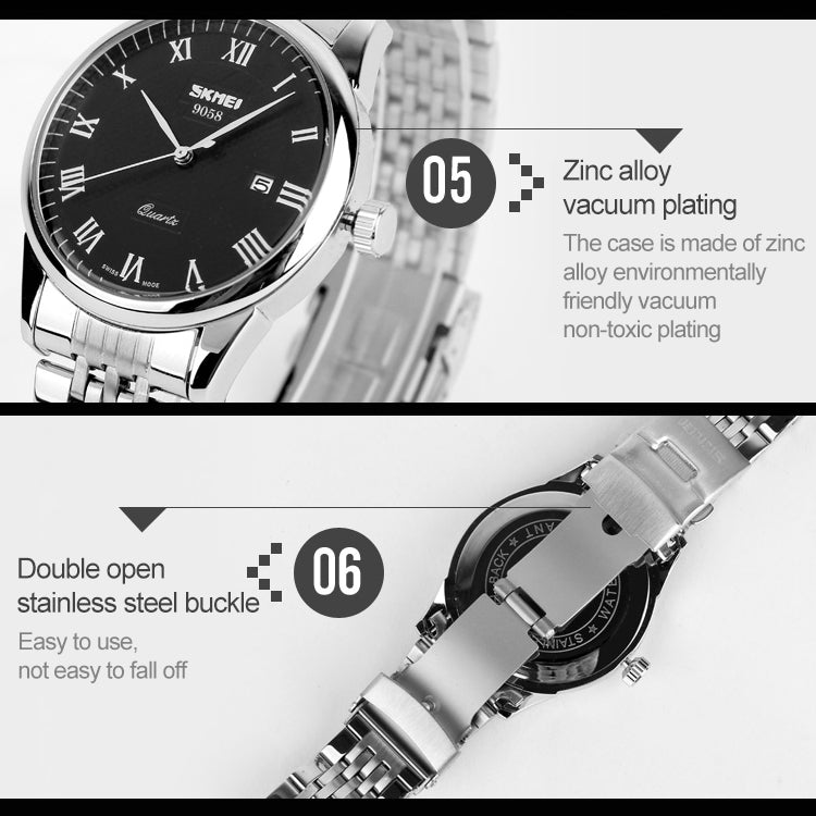 SKMEI 9058 Multifunctional Outdoor Fashion Waterproof Steel Strip Quartz Wrist Watch, Men Style Black, Men Style White, Men Style Blue, Women Style Black, Women Style White, Women Style Blue