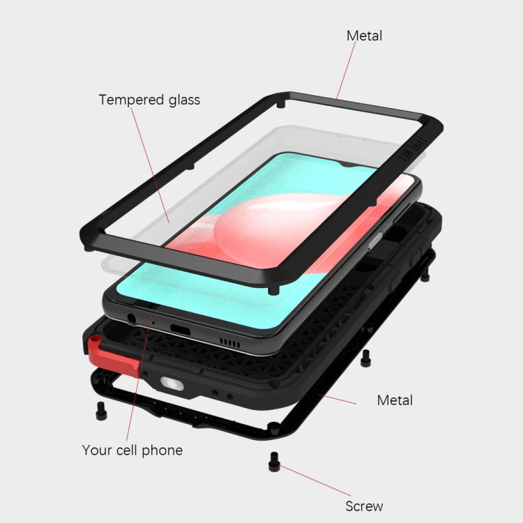 LOVE MEI Metal Shockproof Waterproof Dustproof Protective Case with Glass, For Samsung Galaxy A32 5G, For Samsung Galaxy A42, For Samsung Galaxy A52 5G / 4G, For Samsung Galaxy S21 5G, For Samsung Galaxy S21+ 5G, For Samsung Galaxy A72 5G / 4G