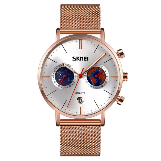 SKMEI 9231 Men Map Pattern Calendar Stopwatch Stainless Steel Strap Quartz Watch