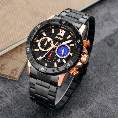 SKMEI 9235 Men Moonphase Stopwatch Stainless Steel Strap Quartz Watch