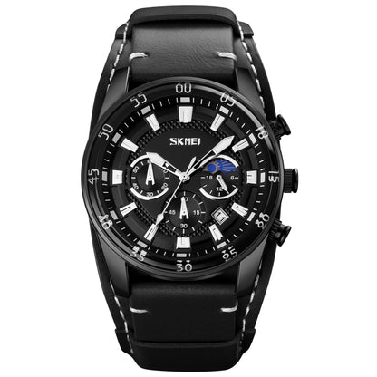 SKMEI 9249 Men Moonphase Calendar Stopwatch Leather Strap Quartz Watch