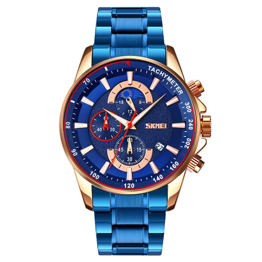 SKMEI 9250 Men Moonphase Stopwatch Date Six Pin Stainless Steel Strap Quartz Watch