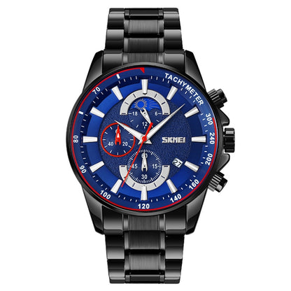 SKMEI 9250 Men Moonphase Stopwatch Date Six Pin Stainless Steel Strap Quartz Watch