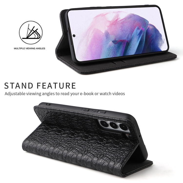 Fierre Shann Crocodile Texture Magnetic Genuine Leather Phone Case, For Samsung Galaxy S22 5G, For Samsung Galaxy S22+ 5G, For Samsung Galaxy S22 Ultra 5G