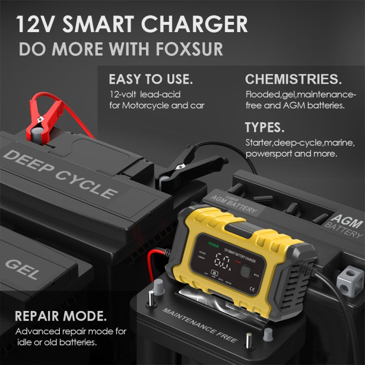 FOXSUR 6A 12V Motorcycle / Car Smart Battery Charger, US Plug, UK Plug, EU Plug, AU Plug