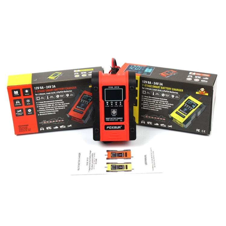 FOXSUR 12V-24V Car Motorcycle Repair Battery Charger AGM Charger, Red, Yellow