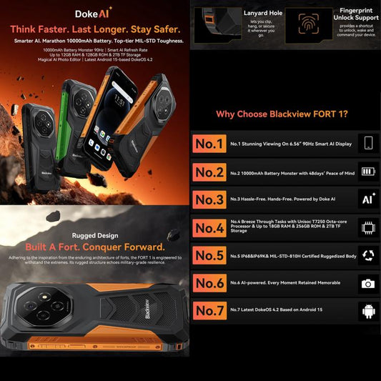 Blackview FORT 1, 6GB+256GB, 6.56 inch Android 15 Unisoc UMS9230E T615 Octa Core, Network: 4G, OTG, NFC
