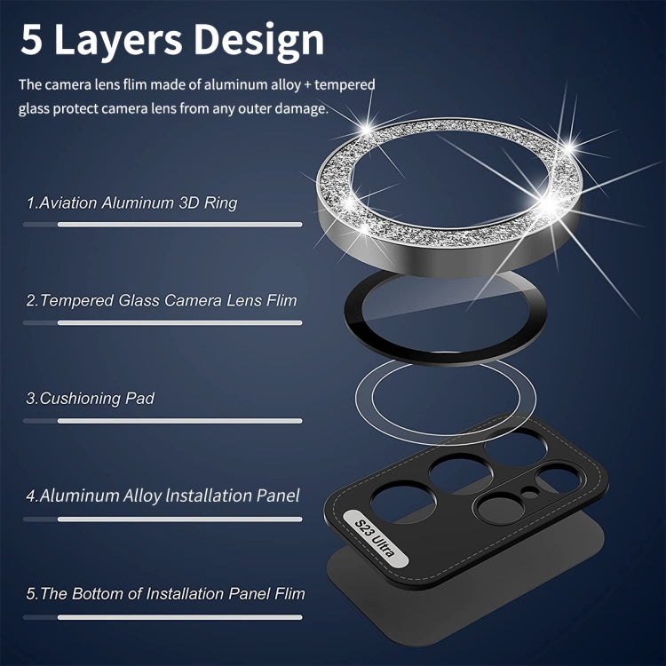 For Samsung Galaxy S23 5G / S23+ 5G ENKAY 9H Rear Camera Lens Glitter Aluminium Alloy Ring Tempered Glass Film