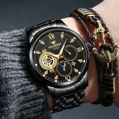 FNGEEN 2166 Men Three-eye Hollow Quartz Watch Student Sports Electronic Watch, Black Steel Black Surface Gold Nails, Between Gold Black Surface, Between Gold Blue Surface, Between Gold White Surface, White Steel White Surface, White Steel Blue Surface�...