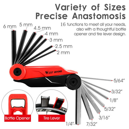 West Biking 16 In 1 Bicycle Repair Tool Multi-Function Wrench Hex Tool Riding Equipment, West Biking 16 In 1  (Black Yellow), West Biking 16 In 1  (Black Red)