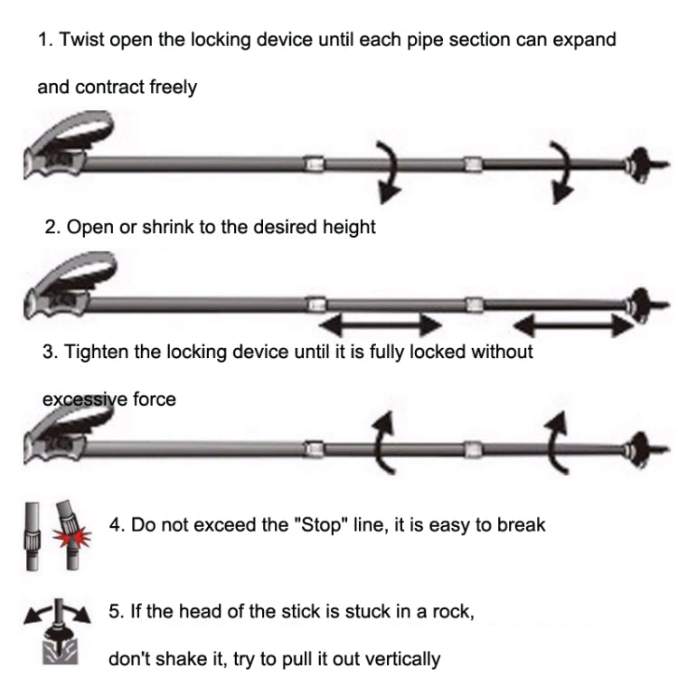 JUNGLELEOPARD Four-Section Curved Handle Aluminum Alloy Trekking Pole, Red#52-110cm, Black#52-110cm, Blue#52-110cm, Silver White#52-110cm
