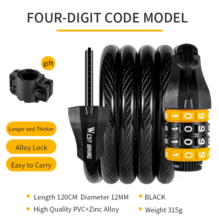 WEST BIKING YP0705061-0705062 Bicycle Password Lock Mountain Bicycle Strip Wire Anti-Theft Lock, 1.2M Four-digit, 1.5M Five-digit
