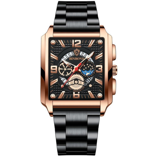 BINBONG B6575 Men Vintage Square Multifunctional Waterproof Luminous Quartz Watch, Black-Rose Gold-Black-Rose, Black-Black-Black-White, Black-Black-Black-Rose, Full Gold-Black, White-Black, White-White, Brown Leather-Rose Gold-Black��������������������...