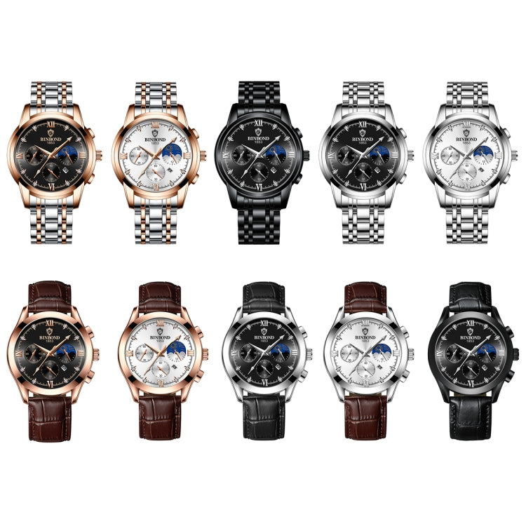 BINBOND B3591 30m Waterproof Luminous Calendar Men Watch, Rose Gold-Black, Rose Gold-White, Black Steel-Black, White Steel-Black, White Steel-White, Brown Leather-Rose-Black, Brown Leather-Rose-White, Black Leather-White-Black, Brown Leather-White-Whit...