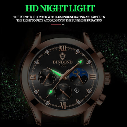 BINBOND B3591 30m Waterproof Luminous Calendar Men Watch, Rose Gold-Black, Rose Gold-White, Black Steel-Black, White Steel-Black, White Steel-White, Brown Leather-Rose-Black, Brown Leather-Rose-White, Black Leather-White-Black, Brown Leather-White-Whit...