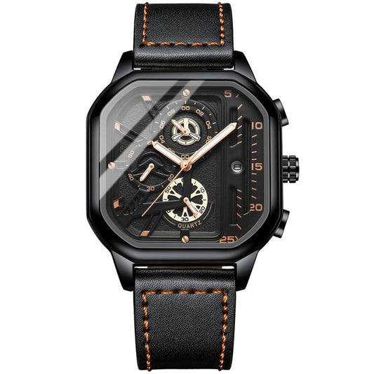 BINBOND B6577 30M Waterproof Luminous Square Quartz Watch, Black Leather-Rose Gold, Black Leather-Black-Rose Gold, Black Leather-Black-Black, Black Leather-White-White, Black Steel-Black-Rose Gold, Black Steel-Black-White, Rose Gold-Black-Rose Gold����...