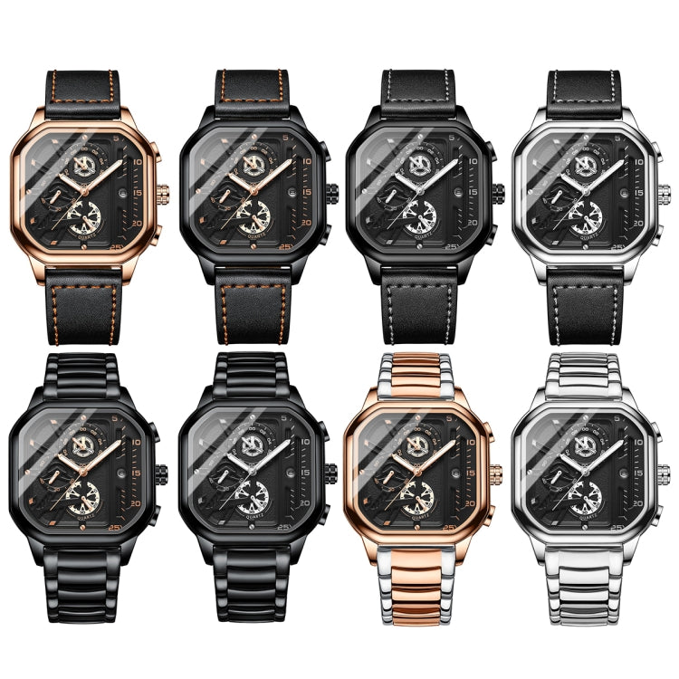 BINBOND B6577 30M Waterproof Luminous Square Quartz Watch, Black Leather-Rose Gold, Black Leather-Black-Rose Gold, Black Leather-Black-Black, Black Leather-White-White, Black Steel-Black-Rose Gold, Black Steel-Black-White, Rose Gold-Black-Rose Gold����...