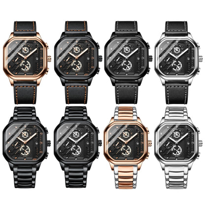 BINBOND B6577 30M Waterproof Luminous Square Quartz Watch, Black Leather-Rose Gold, Black Leather-Black-Rose Gold, Black Leather-Black-Black, Black Leather-White-White, Black Steel-Black-Rose Gold, Black Steel-Black-White, Rose Gold-Black-Rose Gold����...
