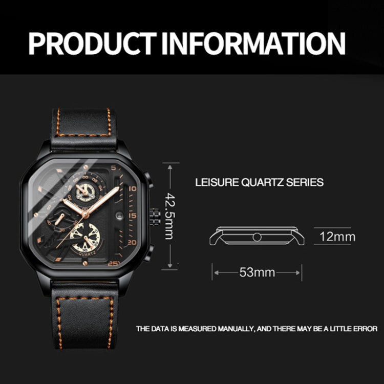 BINBOND B6577 30M Waterproof Luminous Square Quartz Watch, Black Leather-Rose Gold, Black Leather-Black-Rose Gold, Black Leather-Black-Black, Black Leather-White-White, Black Steel-Black-Rose Gold, Black Steel-Black-White, Rose Gold-Black-Rose Gold����...