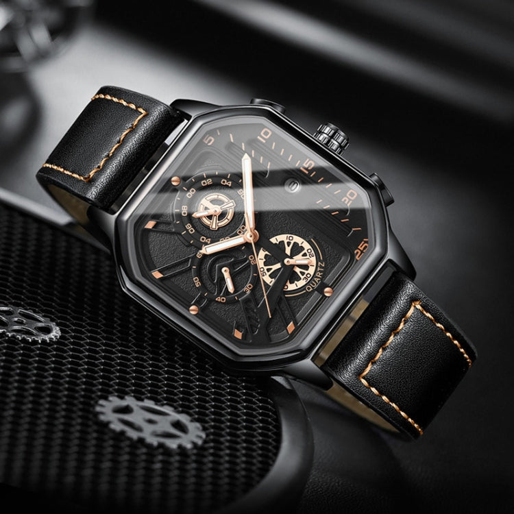 BINBOND B6577 30M Waterproof Luminous Square Quartz Watch, Black Leather-Rose Gold, Black Leather-Black-Rose Gold, Black Leather-Black-Black, Black Leather-White-White, Black Steel-Black-Rose Gold, Black Steel-Black-White, Rose Gold-Black-Rose Gold����...