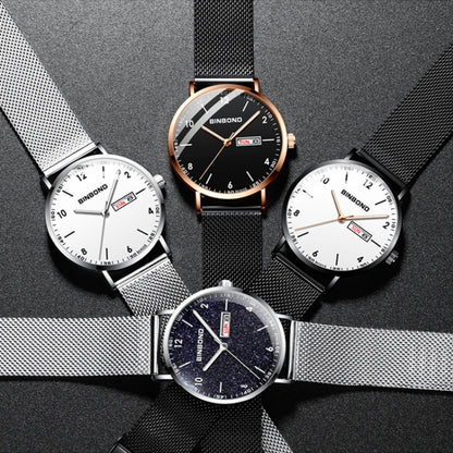 BINBOND B3820 30M Waterproof Ultra-thin Quartz Luminous Starry Watch, Black Net-Black-Starry, White Net-White-Starry, Black Leather-Black-Starry, Black Leather-White-Starry, Black Net-Rose Gold-Starry, Black Leather-Rose Gold-Starry��������������������...