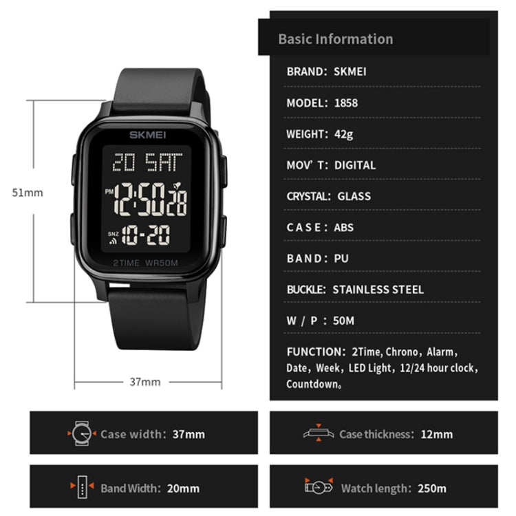 SKMEI 1858 Square Waterproof Digital Dual Display LED Luminous Watch, 1858 Red, 1858 Blue, 1858 Black, 1858 Rose Gold
