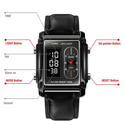SKMEI 1868 Square Double Display Waterproof Men Watch, Style:, Steel Belt (Black), Leather Belt (Black), Steel Belt (Rose Gold), Leather Belt (Rose Gold), Steel Belt (Gold), Leather Belt (Gold), Steel Belt (Silver), Leather Belt (Silver)
